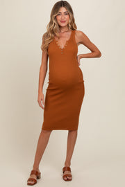 Camel Sleeveless Knit Henley Maternity Midi Dress