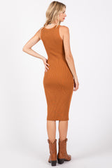 Camel Sleeveless Knit Henley Midi Dress