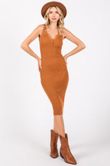 Camel Sleeveless Knit Henley Midi Dress