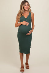 Forest Green Ribbed Fitted Sleeveless Snap Button Maternity Dress