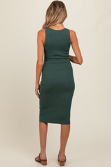 Forest Green Ribbed Fitted Sleeveless Snap Button Maternity Dress