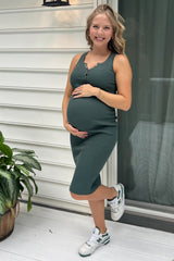 Forest Green Ribbed Fitted Sleeveless Snap Button Maternity Dress