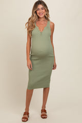 Light Olive Ribbed Fitted Sleeveless Snap Button Maternity Dress