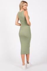 Light Olive Ribbed Fitted Sleeveless Snap Button Dress