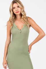 Light Olive Ribbed Fitted Sleeveless Snap Button Dress