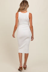 White Ribbed Fitted Sleeveless Snap Button Maternity Dress