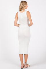 White Ribbed Fitted Sleeveless Snap Button Dress