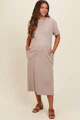 Beige Basic Side Slit Maternity Midi Dress