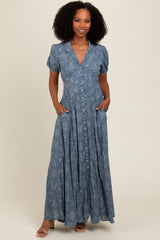 Blue Floral Button Down Maternity Maxi Dress