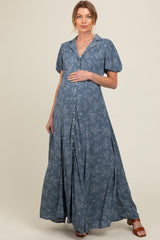 Blue Floral Button Down Maternity Maxi Dress