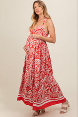 Red Paisley Cutout Back Maternity Maxi Dress