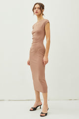 Mocha Side Ruched Midi Dress