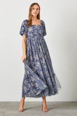 Navy Floral Mesh Overlay Maternity Maxi Dress