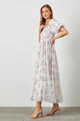 Ivory Floral Mesh Overlay Maxi Dress