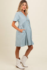 Teal Button Accent Cut Hem Detail Maternity Dress