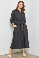 Black Button Down Maternity Midi Dress