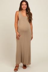 Beige Knit Fringe Maternity Midi Dress