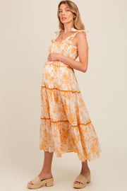 Peach Floral Sleeveless Ruffle Tiered Maternity Midi Dress