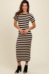 Beige Striped Knit Maternity Midi Dress