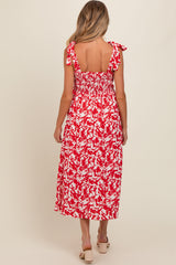 Red Printed Smocked Shoulder Tie Maternity Midi Dress