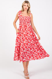 Red Printed Smocked Shoulder Tie Midi Dress