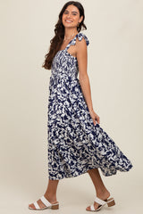 Navy Printed Smocked Shoulder Tie Midi Dress