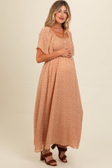 Peach Floral Smocked Button Accent Maternity Maxi Dress