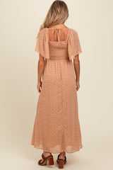 Peach Floral Smocked Button Accent Maternity Maxi Dress