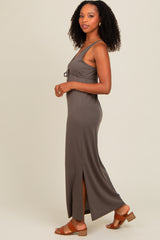 Charcoal V-Neck Side Slit Maxi Dress