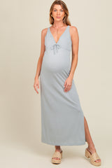 Light Blue V-Neck Side Slit Maternity Maxi Dress