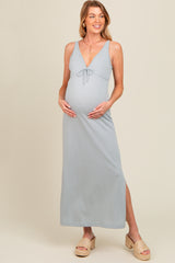 Light Blue V-Neck Side Slit Maternity Maxi Dress