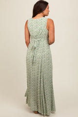 Green Floral Crochet Trim Button Down Maternity Maxi Dress