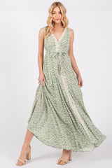 Green Floral Crochet Trim Button Down Maxi Dress