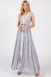 Periwinkle Floral Crochet Trim Button Down Maxi Dress