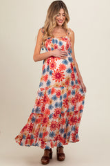 Coral Floral Smocked Shoulder Tie Maternity Maxi Dress