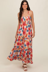 Coral Floral Smocked Shoulder Tie Maternity Maxi Dress