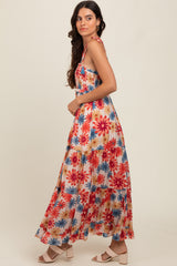 Coral Floral Smocked Shoulder Tie Maxi Dress