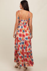 Coral Floral Smocked Shoulder Tie Maxi Dress