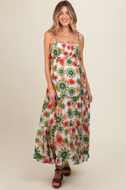 Green Floral Smocked Shoulder Tie Maternity Maxi Dress