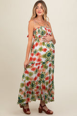 Green Floral Smocked Shoulder Tie Maternity Maxi Dress