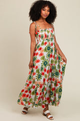 Green Floral Smocked Shoulder Tie Maxi Dress