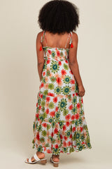 Green Floral Smocked Shoulder Tie Maxi Dress