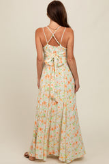 Peach Floral Crisscross Back Maxi Dress