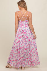 Magenta Floral Crisscross Back Maternity Maxi Dress