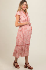 Salmon Floral Lace Trim Maternity Midi Dress