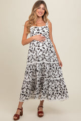 Ivory Floral Lace Trim Tiered Maternity Maxi Dress