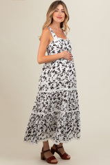 Ivory Floral Lace Trim Tiered Maternity Maxi Dress