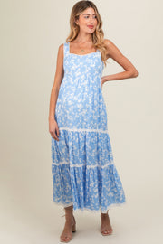 Light Blue Floral Lace Trim Tiered Maternity Maxi Dress