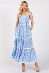 Light Blue Floral Lace Trim Tiered Maternity Maxi Dress