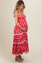 Red Floral Lace Trim Tiered Maternity Maxi Dress